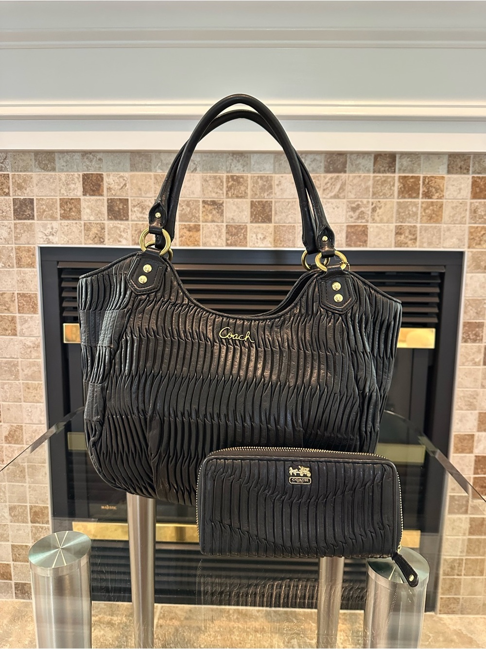 Coach Black Ruched Leather Tote with Matching Wallet Set
